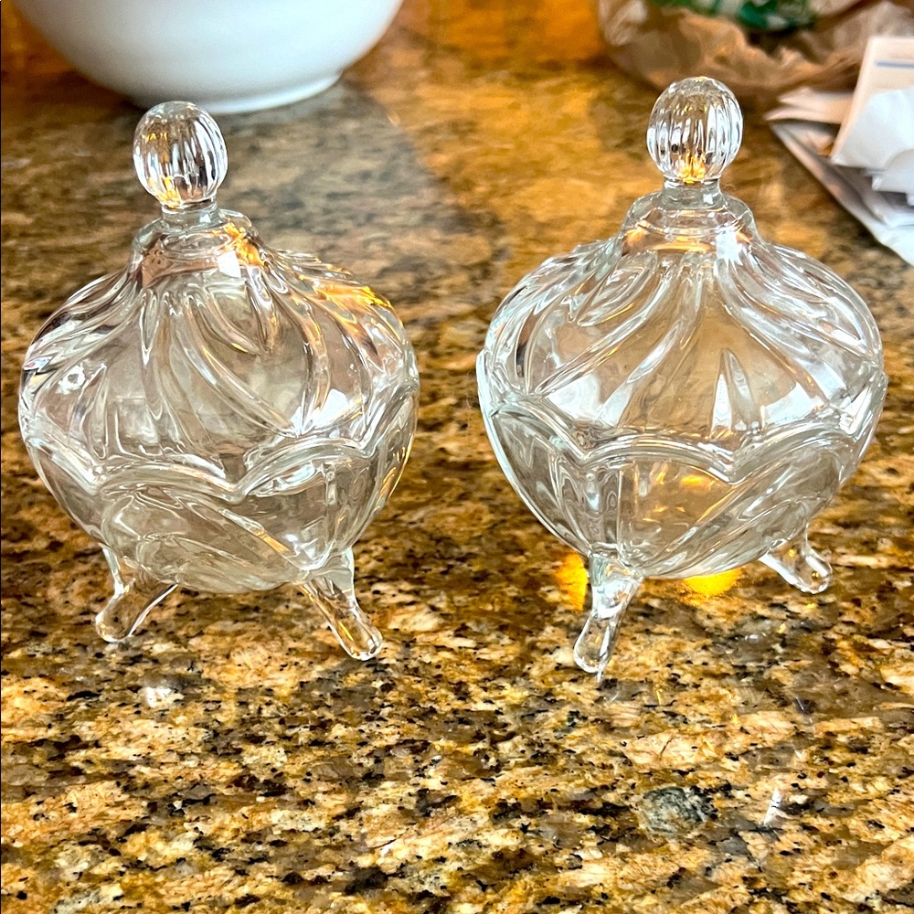 2 Piece Glass Candy Dishes 3 footed with scalloped edge